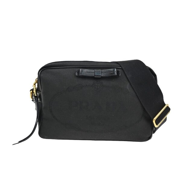 PRADA MILANO Logo Jacquard Shoulder Bag Canvas Leather Black Gold - Picture 1 of 5